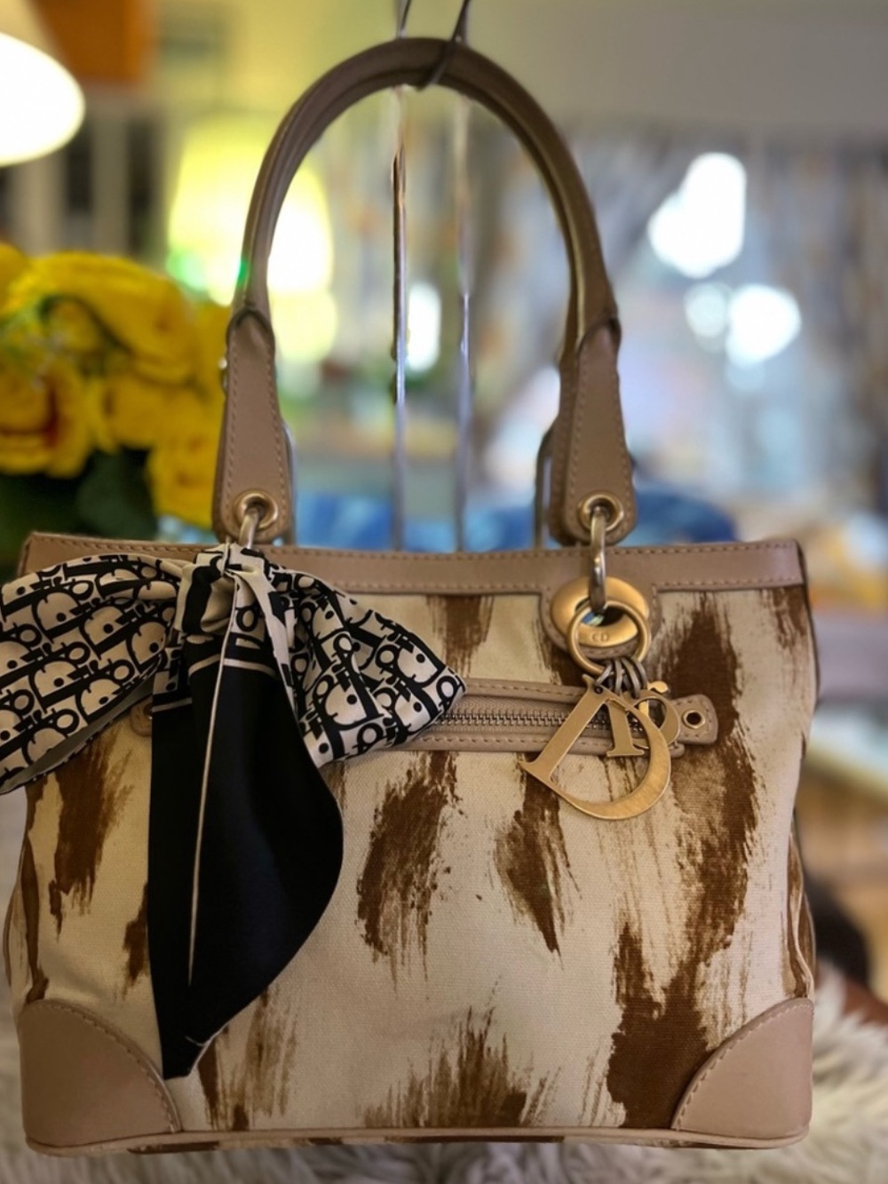 Elegant Beige and Brown Patterned Tote Bag with Scarf Accent